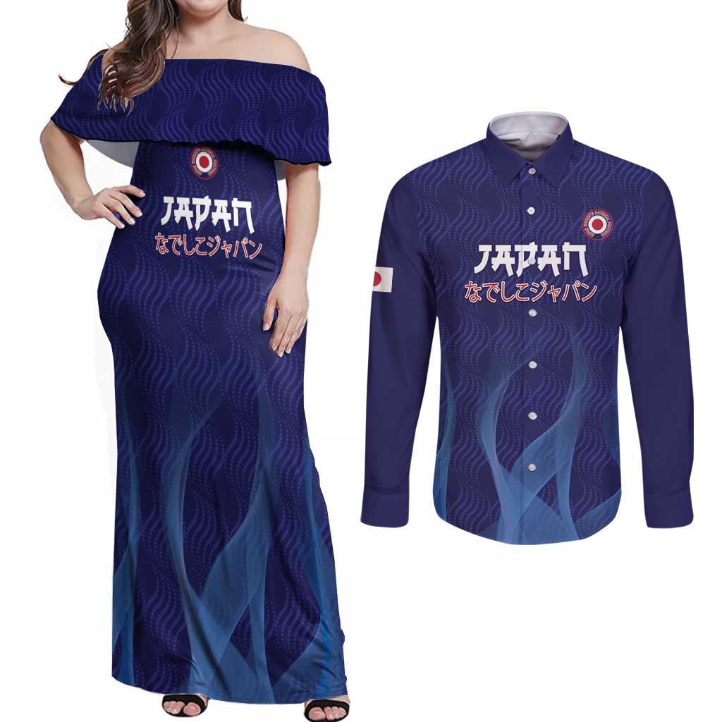 Custom Japan Football Couples Matching Off Shoulder Maxi Dress and Long Sleeve Button Shirt Go Champions Nadeshiko Japanese - Wonder Print Shop