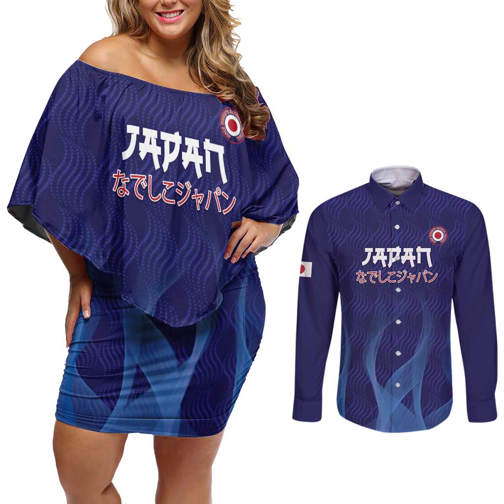 Custom Japan Football Couples Matching Off Shoulder Short Dress and Long Sleeve Button Shirt Go Champions Nadeshiko Japanese - Wonder Print Shop