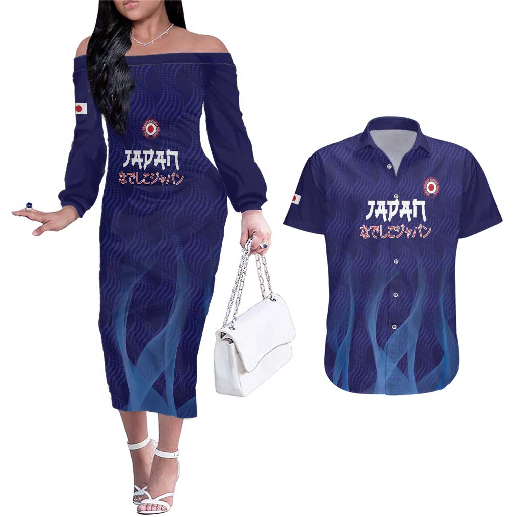 Custom Japan Football Couples Matching Off The Shoulder Long Sleeve Dress and Hawaiian Shirt Go Champions Nadeshiko Japanese - Wonder Print Shop