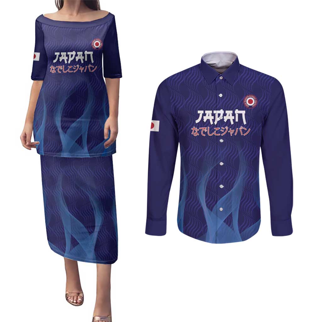 Custom Japan Football Couples Matching Puletasi and Long Sleeve Button Shirt Go Champions Nadeshiko Japanese - Wonder Print Shop