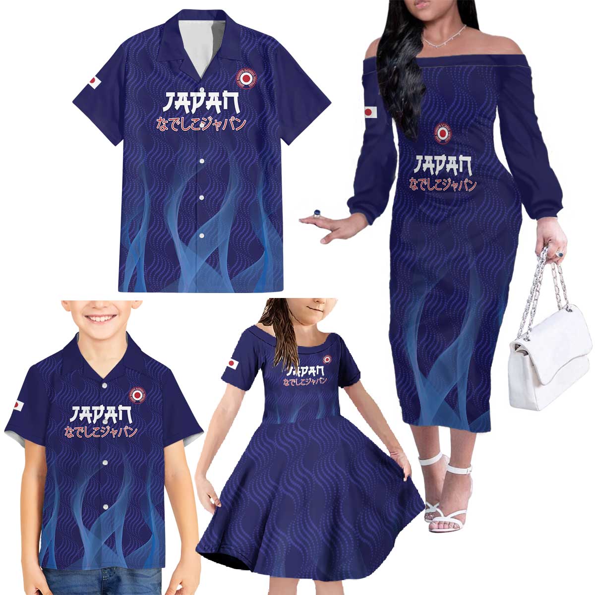 Custom Japan Football Family Matching Off The Shoulder Long Sleeve Dress and Hawaiian Shirt Go Champions Nadeshiko Japanese - Wonder Print Shop