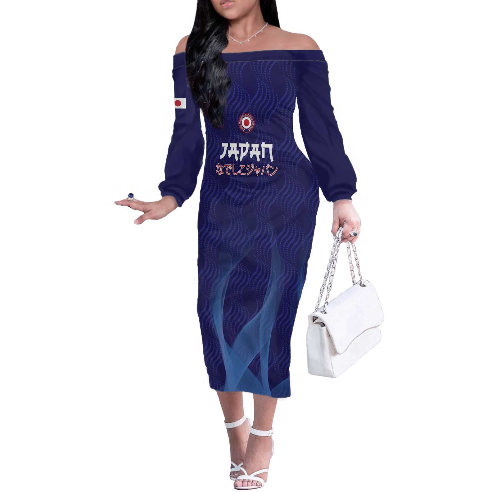 Custom Japan Football Off The Shoulder Long Sleeve Dress Go Champions Nadeshiko Japanese - Wonder Print Shop