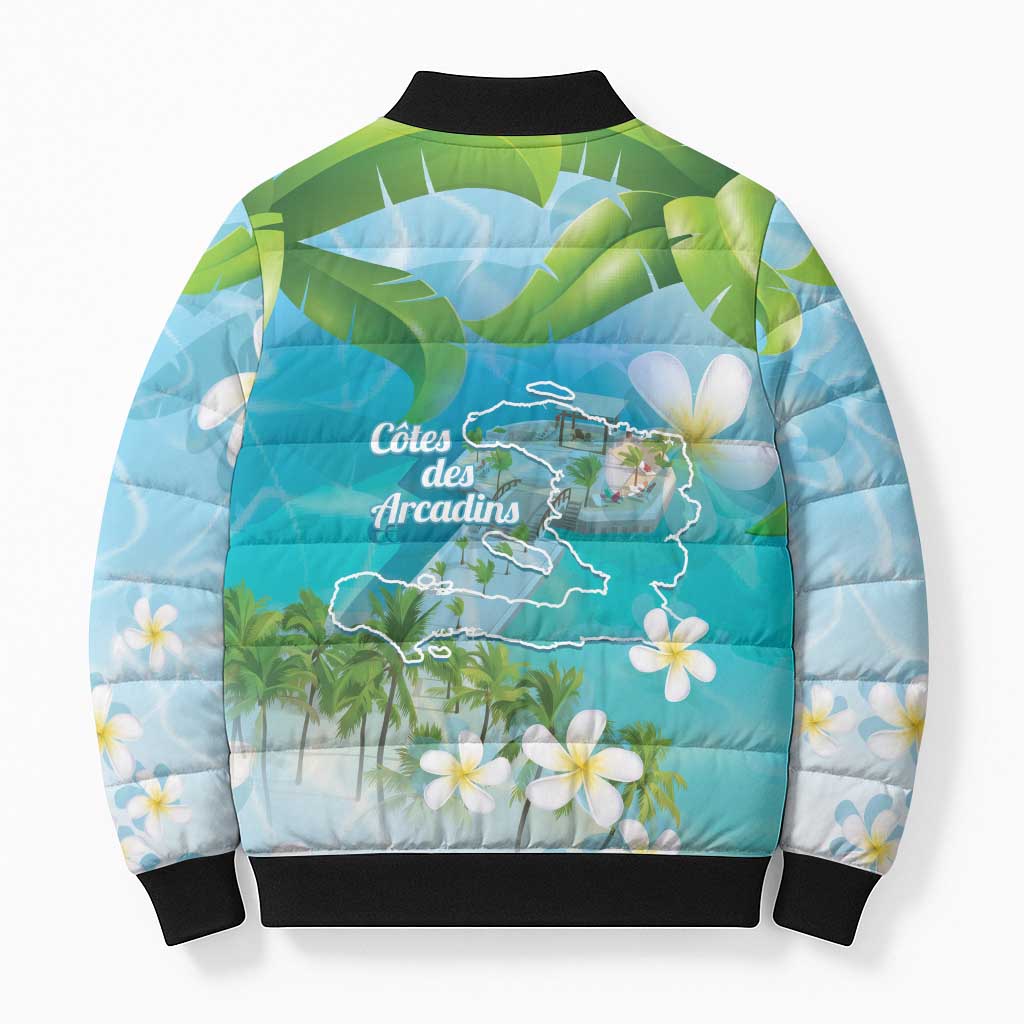 Afro Haiti Cotes des Arcadins Bomber Puffer Jacket Ayiti Map With Royal Palm Plumeria - Wonder Print Shop