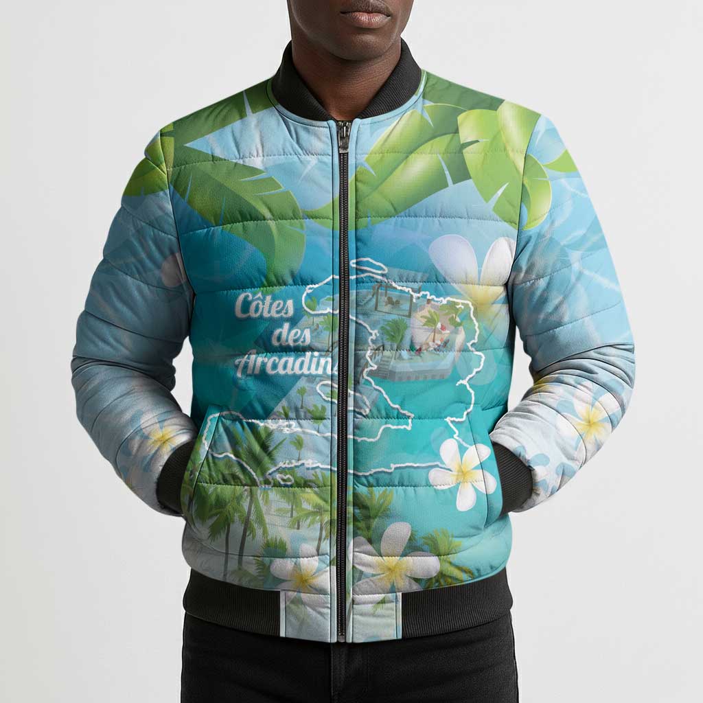 Afro Haiti Cotes des Arcadins Bomber Puffer Jacket Ayiti Map With Royal Palm Plumeria - Wonder Print Shop