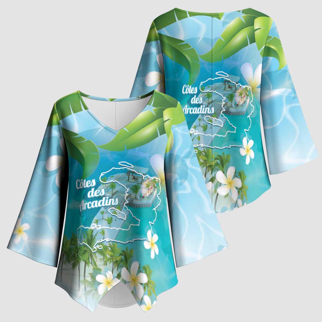 Afro Haiti Cotes des Arcadins Kimono Sleeve Blouse Ayiti Map With Royal Palm Plumeria - Wonder Print Shop