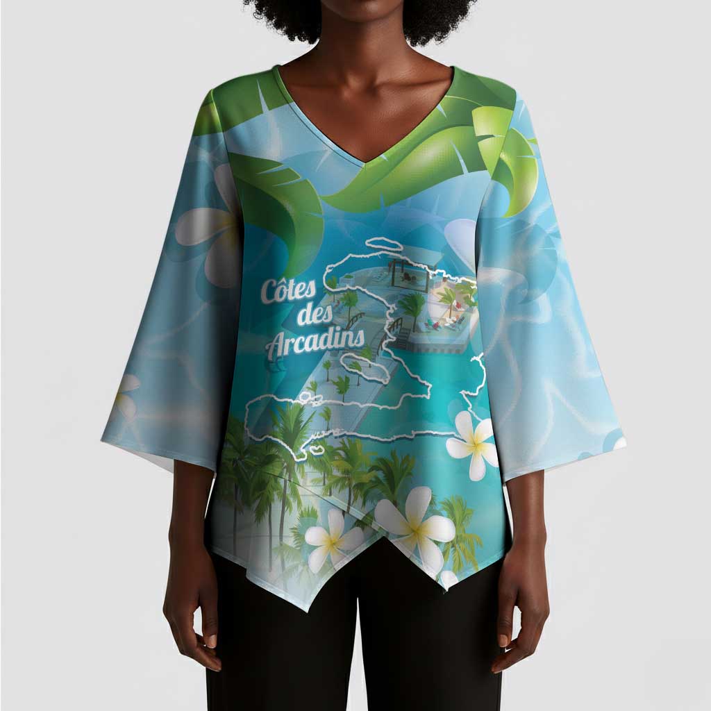 Afro Haiti Cotes des Arcadins Kimono Sleeve Blouse Ayiti Map With Royal Palm Plumeria - Wonder Print Shop