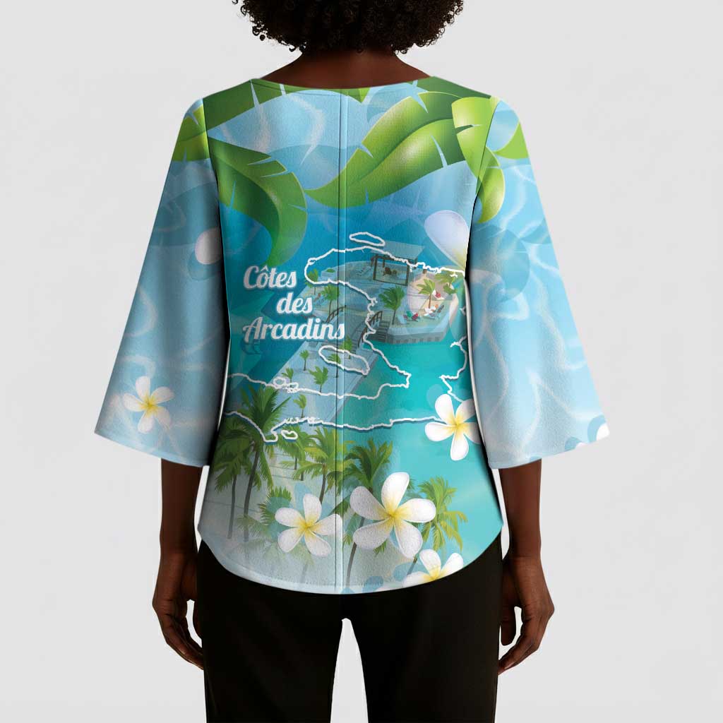 Afro Haiti Cotes des Arcadins Kimono Sleeve Blouse Ayiti Map With Royal Palm Plumeria - Wonder Print Shop