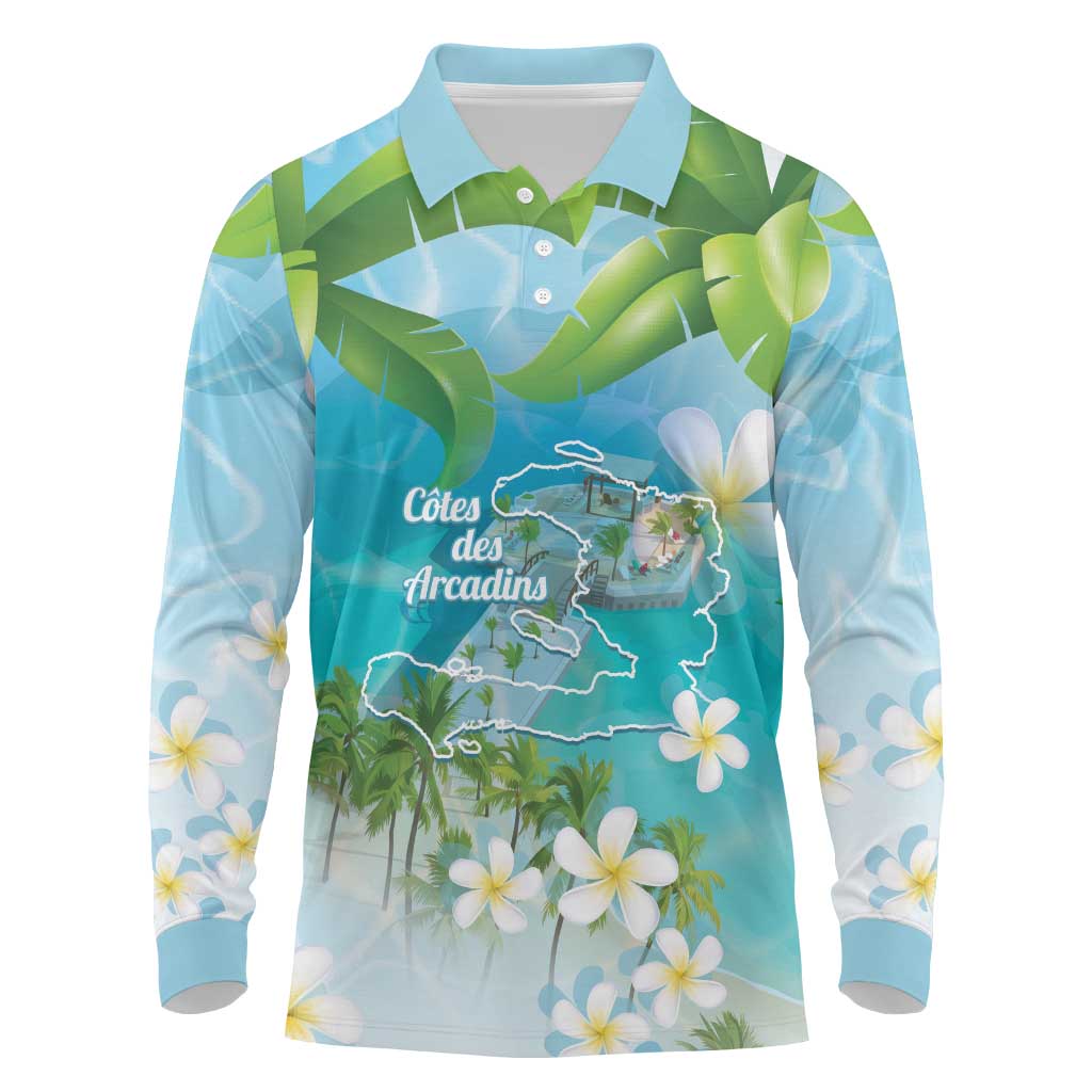Afro Haiti Cotes des Arcadins Long Sleeve Polo Shirt Ayiti Map With Royal Palm Plumeria - Wonder Print Shop
