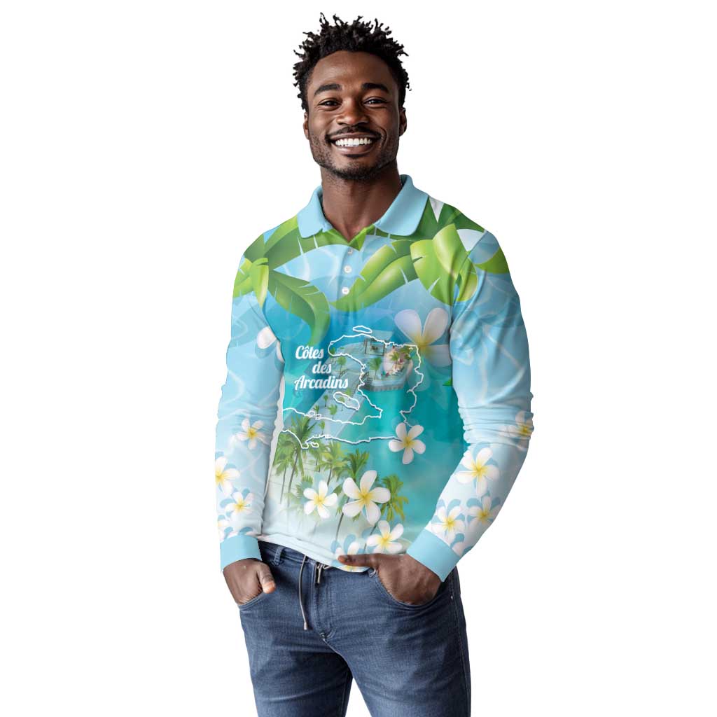 Afro Haiti Cotes des Arcadins Long Sleeve Polo Shirt Ayiti Map With Royal Palm Plumeria - Wonder Print Shop