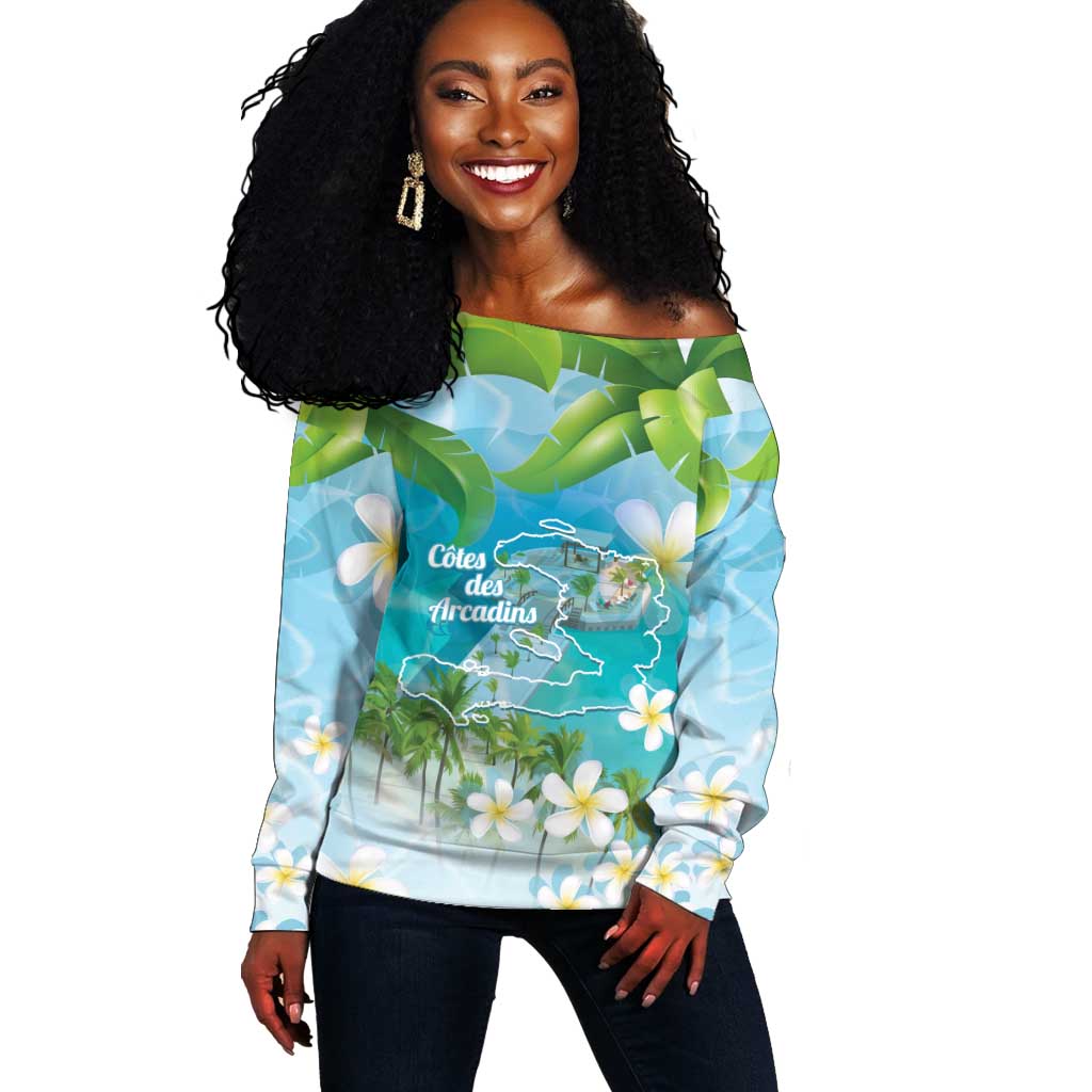 Afro Haiti Cotes des Arcadins Off Shoulder Sweater Ayiti Map With Royal Palm Plumeria - Wonder Print Shop