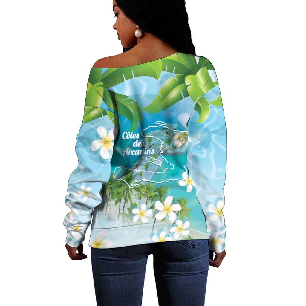 Afro Haiti Cotes des Arcadins Off Shoulder Sweater Ayiti Map With Royal Palm Plumeria - Wonder Print Shop