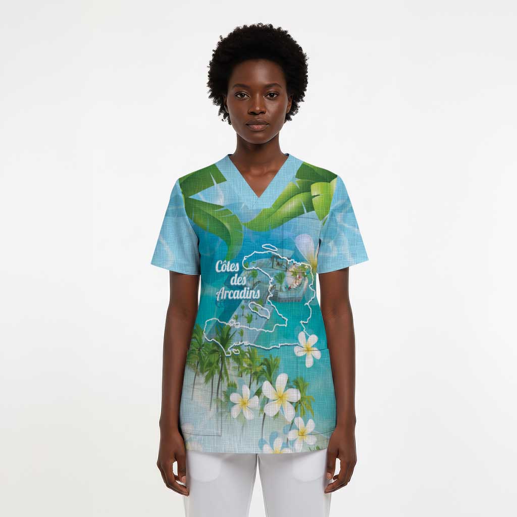 Afro Haiti Cotes des Arcadins Scrub Top Ayiti Map With Royal Palm Plumeria - Wonder Print Shop