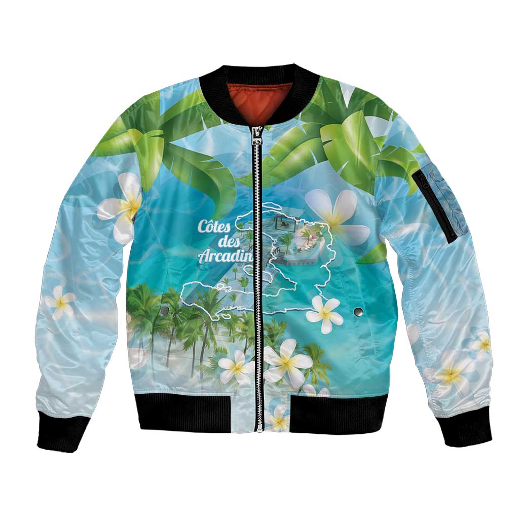 Afro Haiti Cotes des Arcadins Sleeve Zip Bomber Jacket Ayiti Map With Royal Palm Plumeria - Wonder Print Shop
