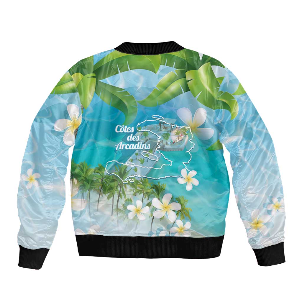 Afro Haiti Cotes des Arcadins Sleeve Zip Bomber Jacket Ayiti Map With Royal Palm Plumeria - Wonder Print Shop