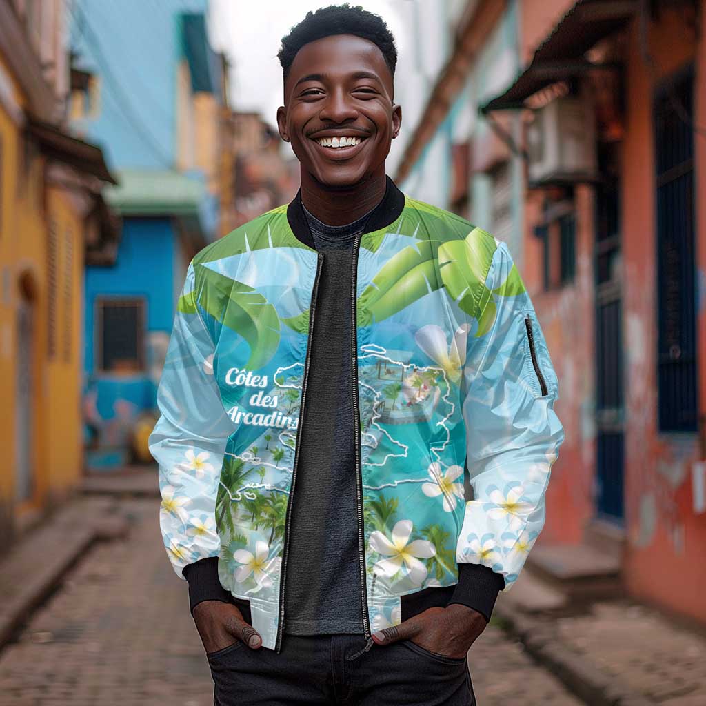 Afro Haiti Cotes des Arcadins Sleeve Zip Bomber Jacket Ayiti Map With Royal Palm Plumeria - Wonder Print Shop
