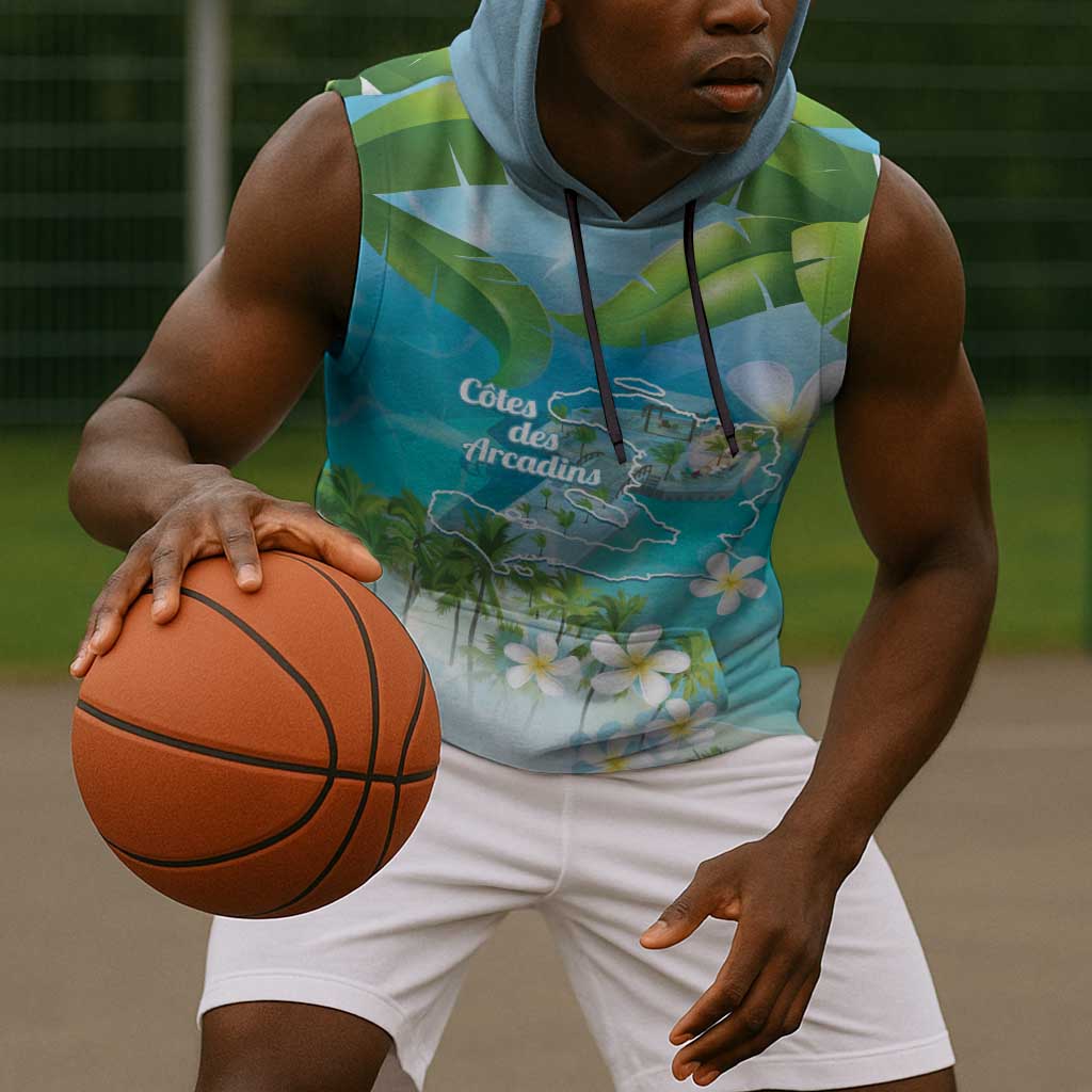 Afro Haiti Cotes des Arcadins Sleeveless Hoodie Ayiti Map With Royal Palm Plumeria - Wonder Print Shop