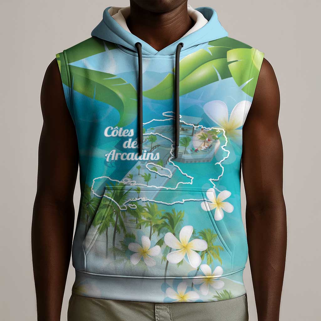 Afro Haiti Cotes des Arcadins Sleeveless Hoodie Ayiti Map With Royal Palm Plumeria - Wonder Print Shop