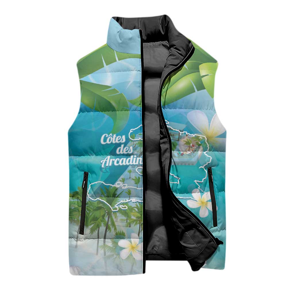 Afro Haiti Cotes des Arcadins Sleeveless Puffer Jacket Ayiti Map With Royal Palm Plumeria - Wonder Print Shop