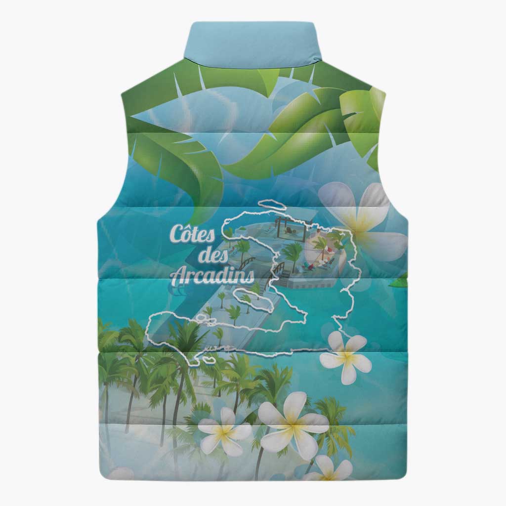 Afro Haiti Cotes des Arcadins Sleeveless Puffer Jacket Ayiti Map With Royal Palm Plumeria - Wonder Print Shop