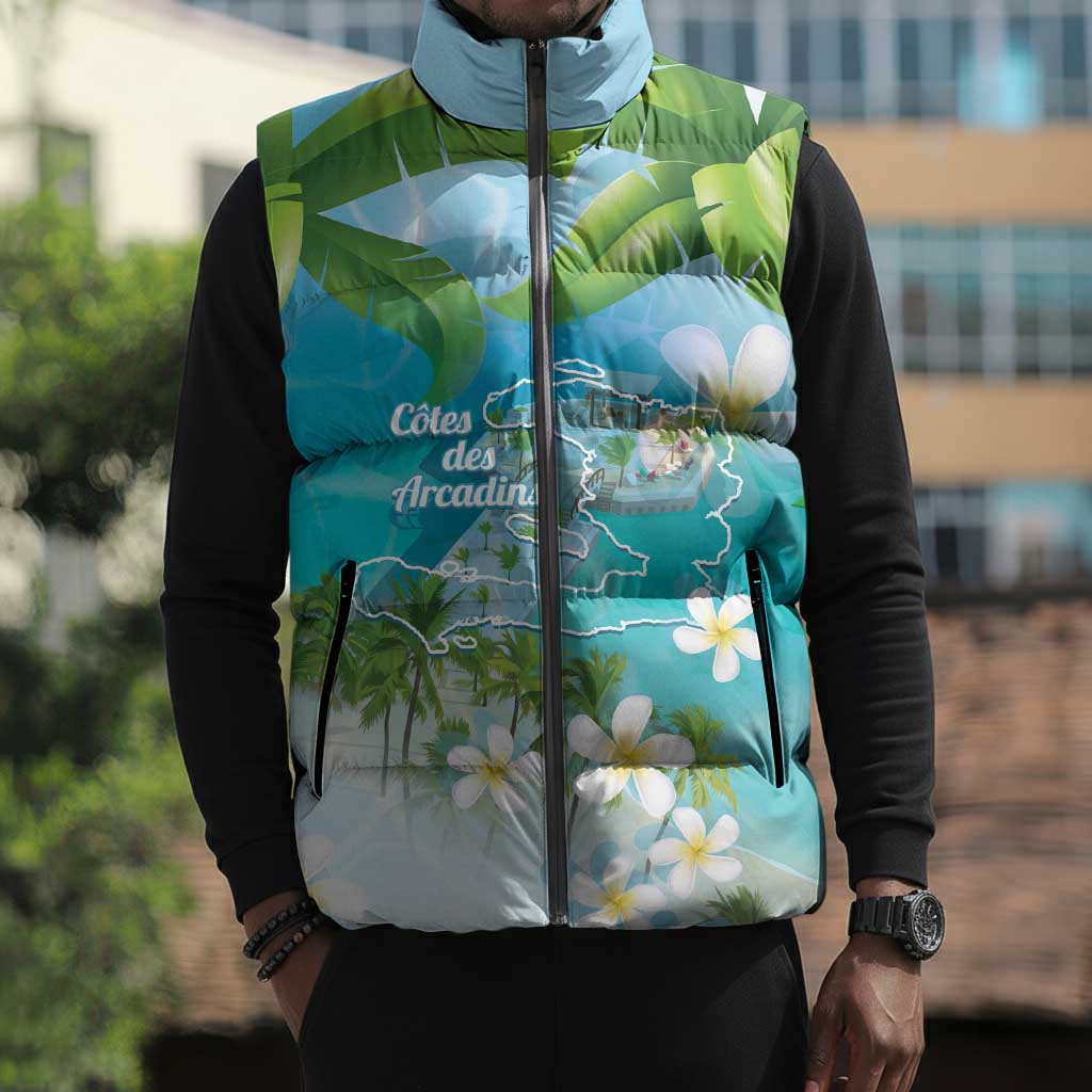 Afro Haiti Cotes des Arcadins Sleeveless Puffer Jacket Ayiti Map With Royal Palm Plumeria - Wonder Print Shop