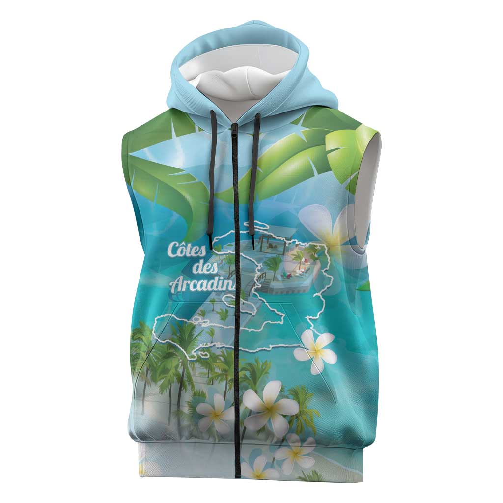 Afro Haiti Cotes des Arcadins Sleeveless Zip Hoodie Ayiti Map With Royal Palm Plumeria - Wonder Print Shop