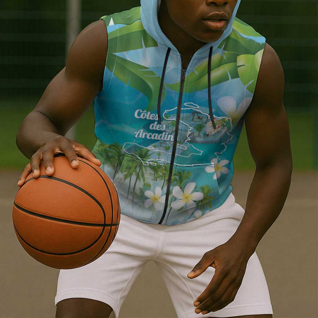 Afro Haiti Cotes des Arcadins Sleeveless Zip Hoodie Ayiti Map With Royal Palm Plumeria - Wonder Print Shop