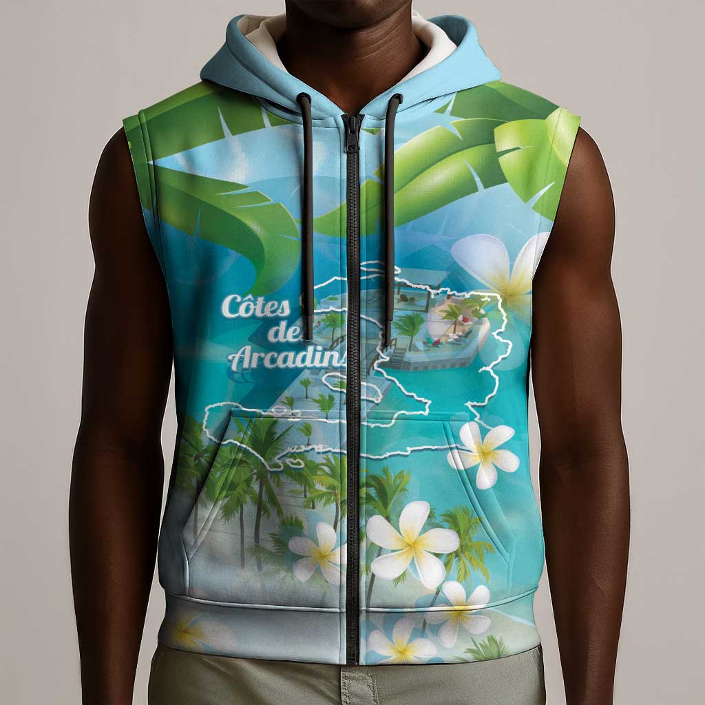 Afro Haiti Cotes des Arcadins Sleeveless Zip Hoodie Ayiti Map With Royal Palm Plumeria - Wonder Print Shop