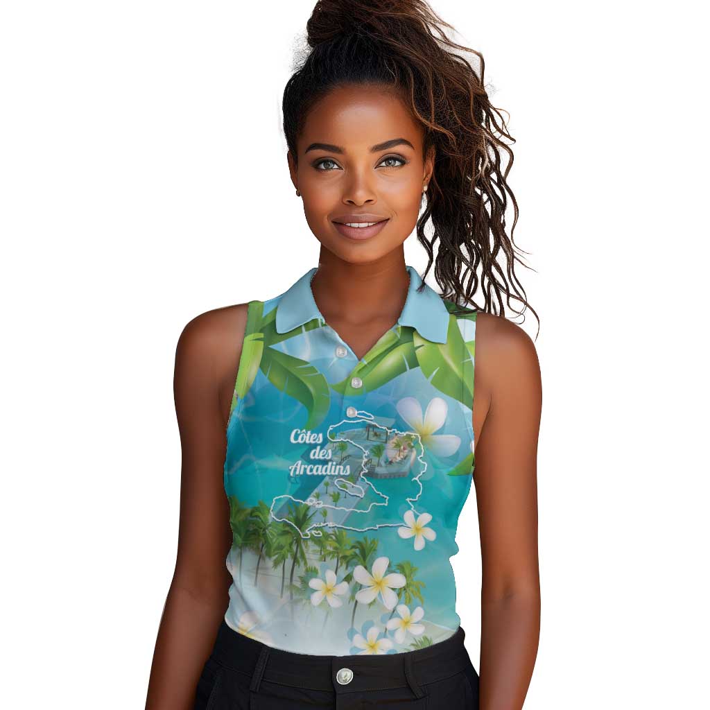 Afro Haiti Cotes des Arcadins Women Sleeveless Polo Shirt Ayiti Map With Royal Palm Plumeria - Wonder Print Shop