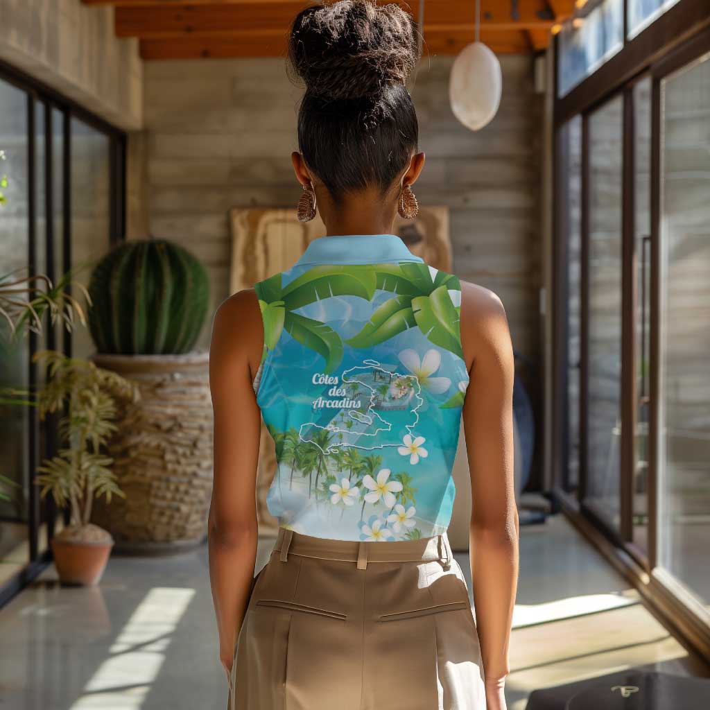 Afro Haiti Cotes des Arcadins Women Sleeveless Polo Shirt Ayiti Map With Royal Palm Plumeria - Wonder Print Shop