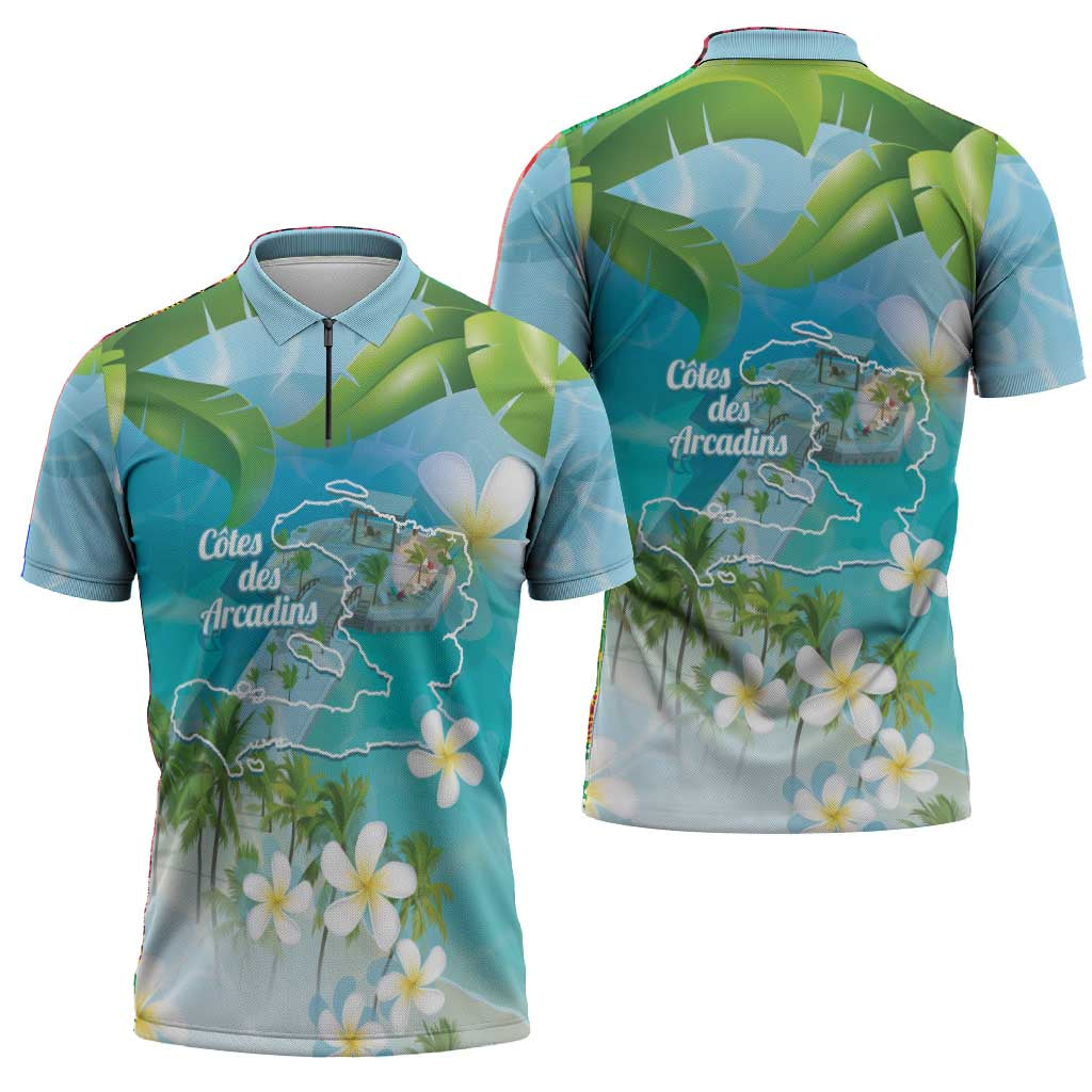 Afro Haiti Cotes des Arcadins Zipper Polo Shirt Ayiti Map With Royal Palm Plumeria - Wonder Print Shop