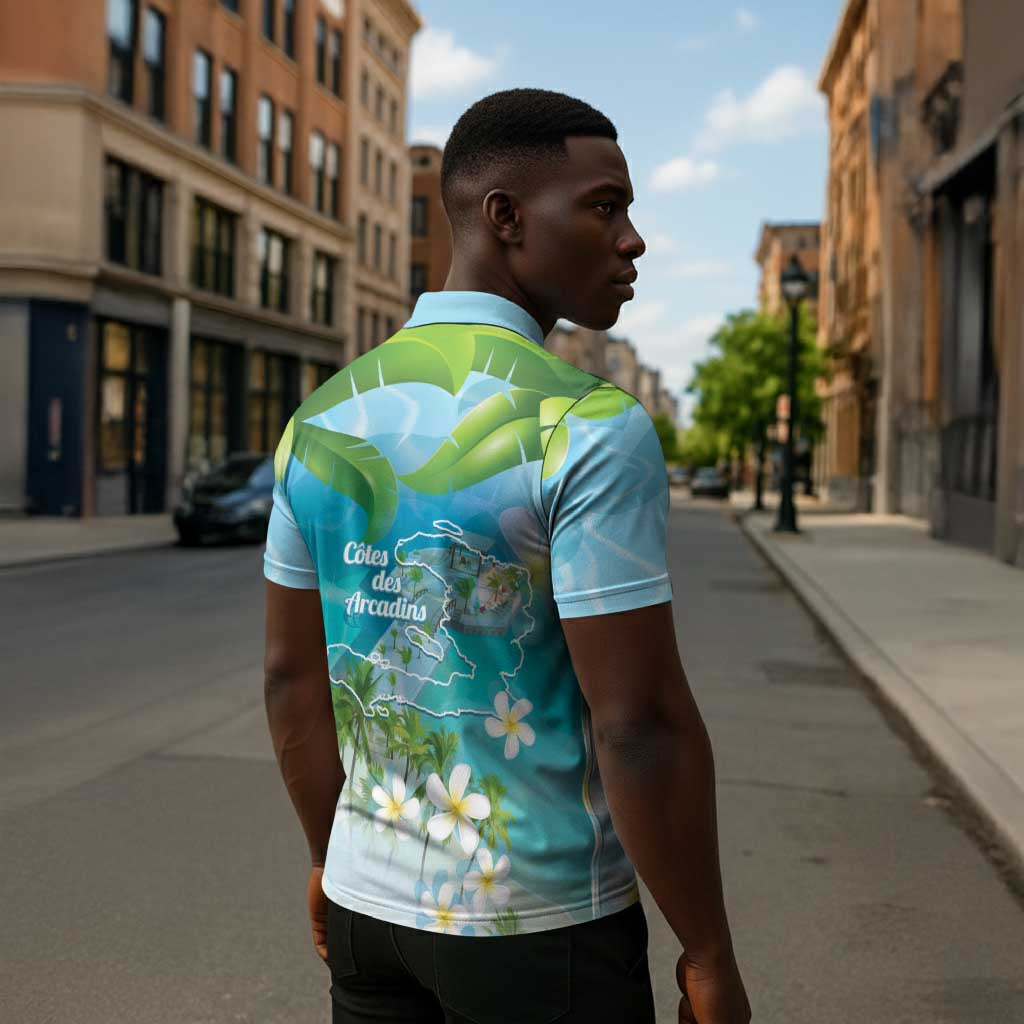 Afro Haiti Cotes des Arcadins Zipper Polo Shirt Ayiti Map With Royal Palm Plumeria - Wonder Print Shop