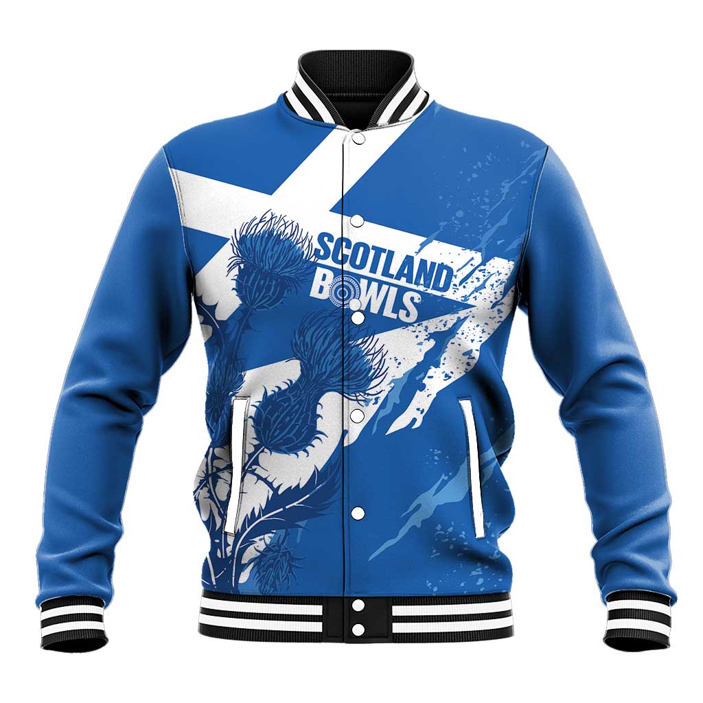 Personalised Scotland Lawn Bowls Baseball Jacket Scottish Thistle Grunge Flag Style - Wonder Print Shop