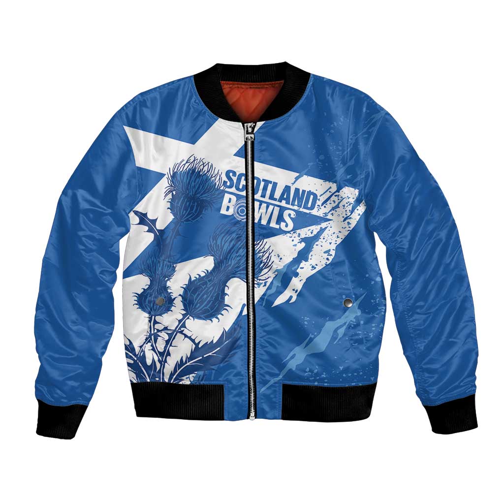 Personalised Scotland Lawn Bowls Bomber Jacket Scottish Thistle Grunge Flag Style - Wonder Print Shop