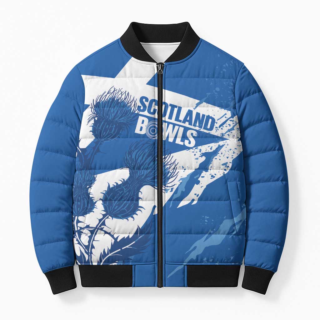 Personalised Scotland Lawn Bowls Bomber Puffer Jacket Scottish Thistle Grunge Flag Style - Wonder Print Shop