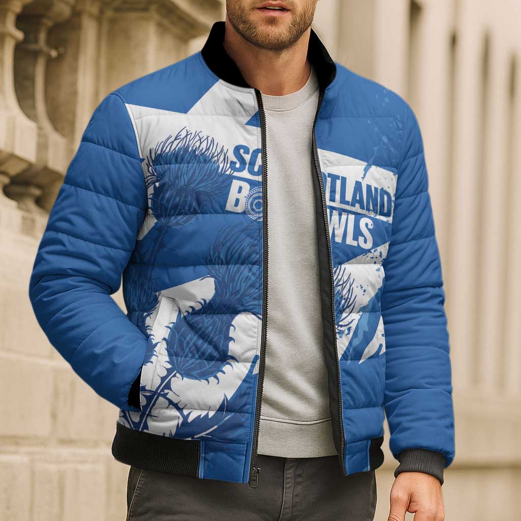 Personalised Scotland Lawn Bowls Bomber Puffer Jacket Scottish Thistle Grunge Flag Style - Wonder Print Shop