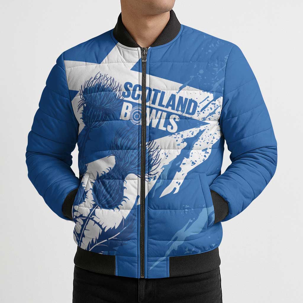 Personalised Scotland Lawn Bowls Bomber Puffer Jacket Scottish Thistle Grunge Flag Style - Wonder Print Shop