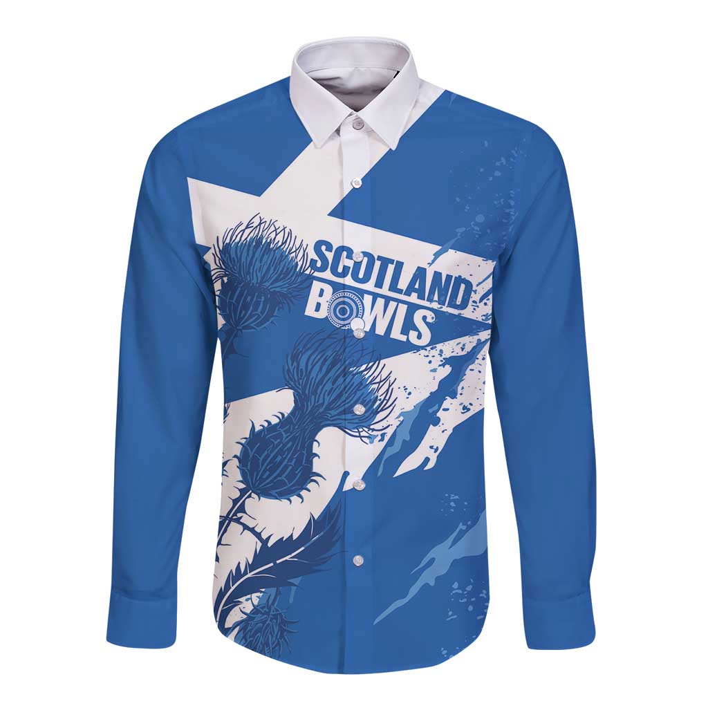 Personalised Scotland Lawn Bowls Long Sleeve Button Shirt Scottish Thistle Grunge Flag Style - Wonder Print Shop