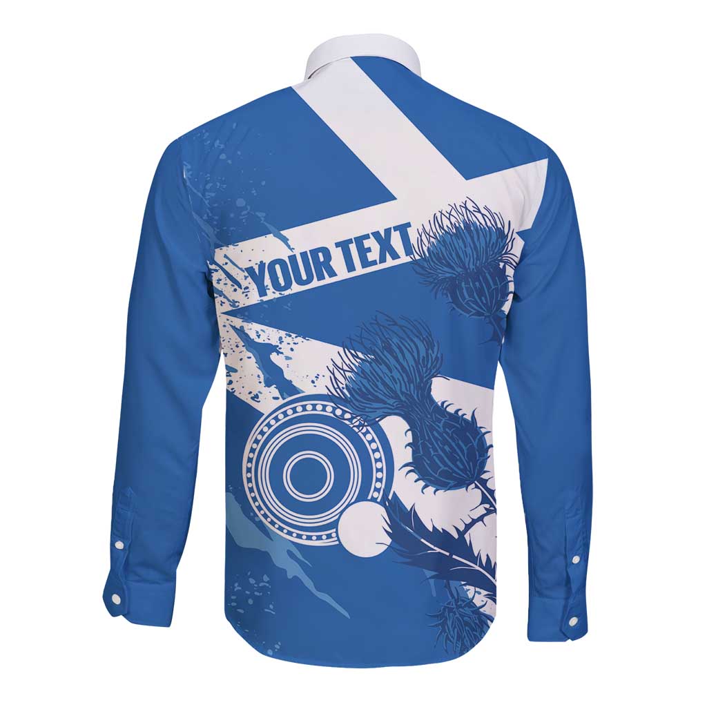 Personalised Scotland Lawn Bowls Long Sleeve Button Shirt Scottish Thistle Grunge Flag Style - Wonder Print Shop