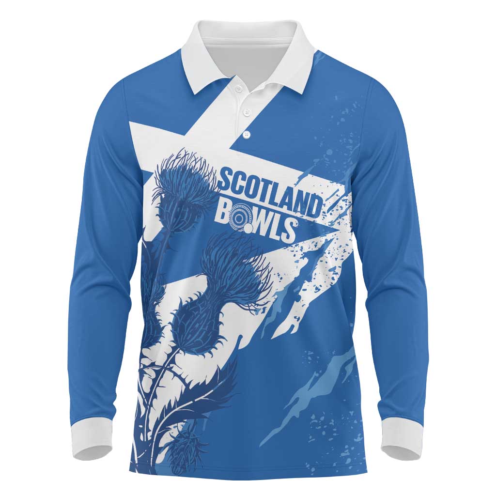 Personalised Scotland Lawn Bowls Long Sleeve Polo Shirt Scottish Thistle Grunge Flag Style - Wonder Print Shop