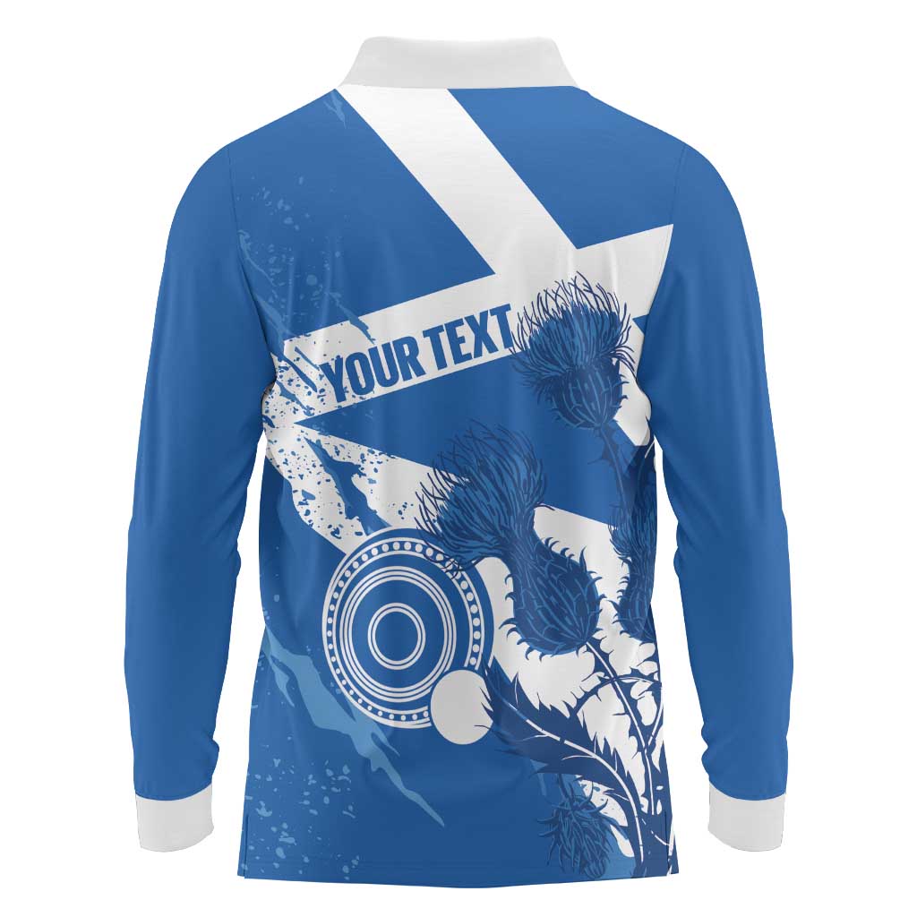 Personalised Scotland Lawn Bowls Long Sleeve Polo Shirt Scottish Thistle Grunge Flag Style - Wonder Print Shop