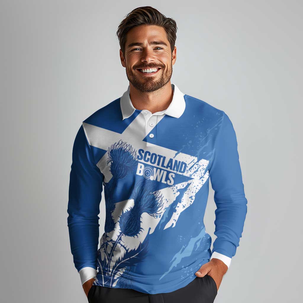 Personalised Scotland Lawn Bowls Long Sleeve Polo Shirt Scottish Thistle Grunge Flag Style - Wonder Print Shop