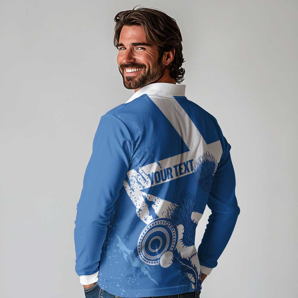 Personalised Scotland Lawn Bowls Long Sleeve Polo Shirt Scottish Thistle Grunge Flag Style - Wonder Print Shop
