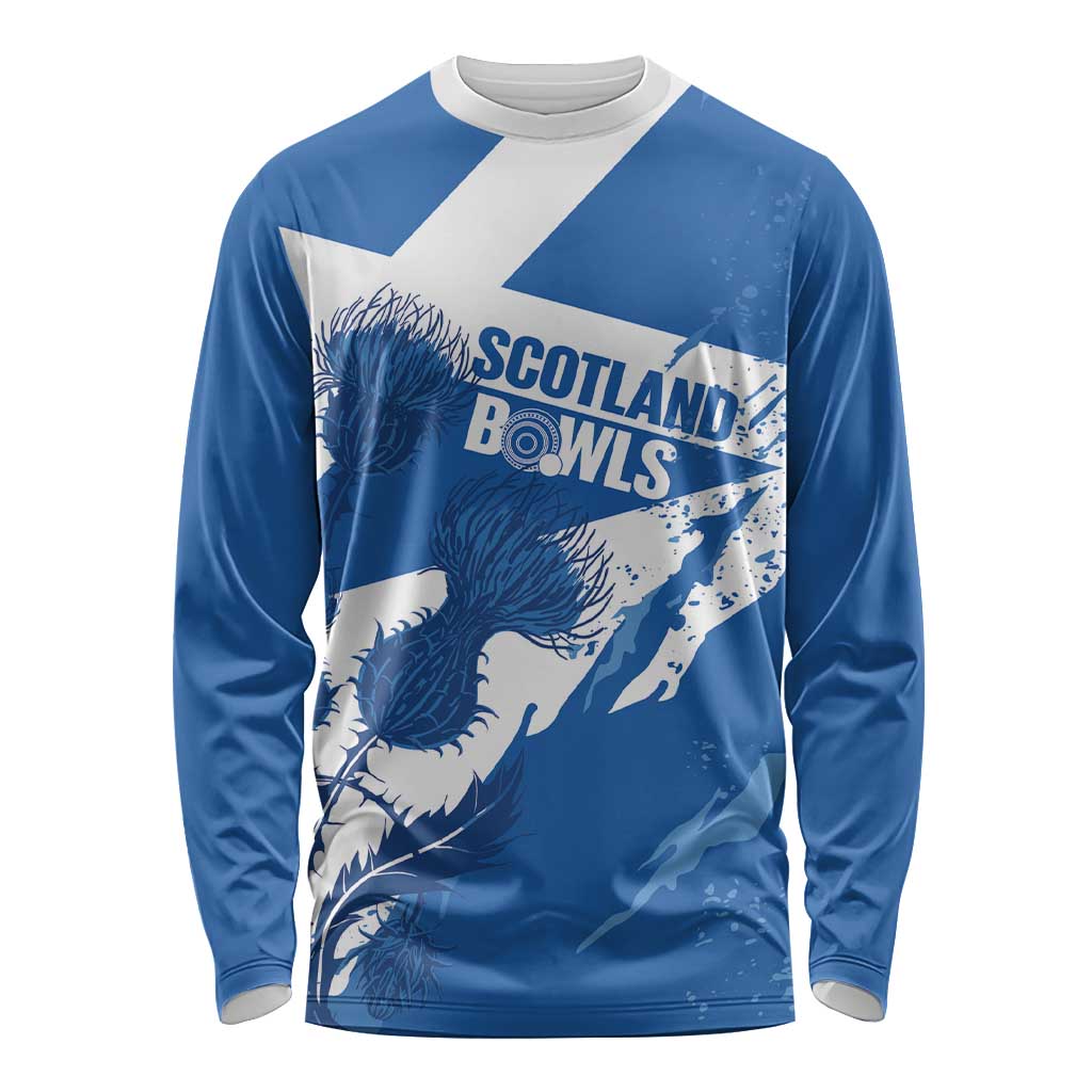 Personalised Scotland Lawn Bowls Long Sleeve Shirt Scottish Thistle Grunge Flag Style - Wonder Print Shop