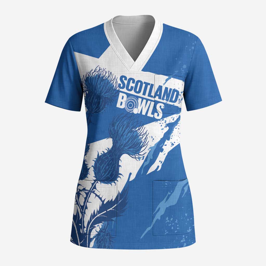 Personalised Scotland Lawn Bowls Scrub Top Scottish Thistle Grunge Flag Style - Wonder Print Shop