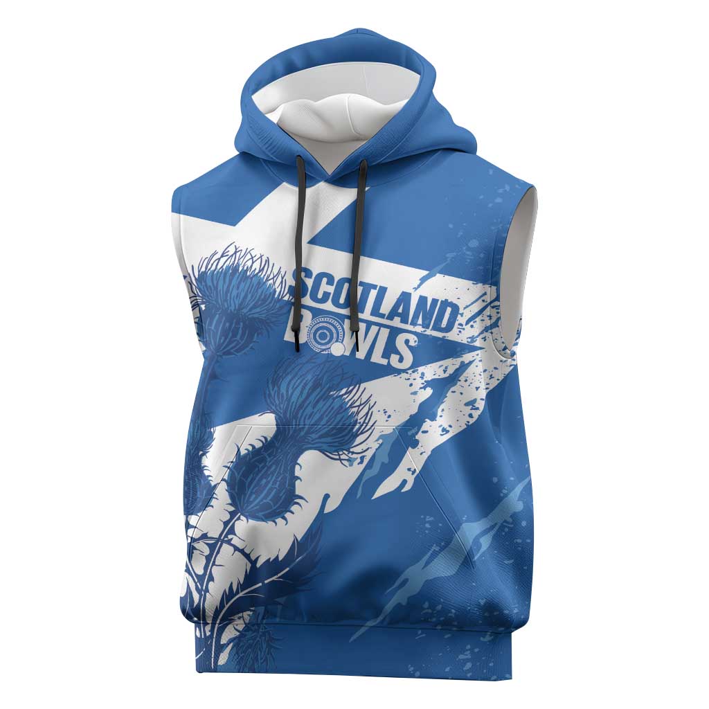 Personalised Scotland Lawn Bowls Sleeveless Hoodie Scottish Thistle Grunge Flag Style - Wonder Print Shop