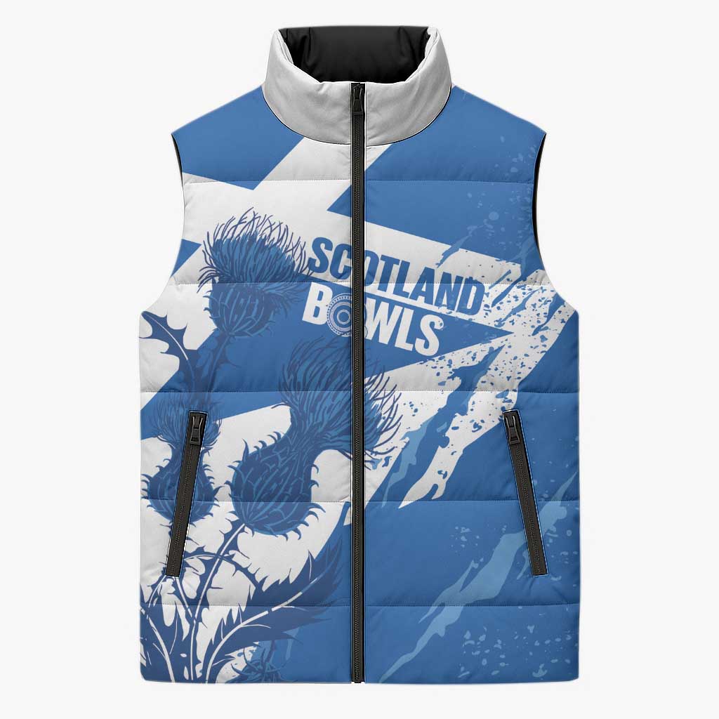 Personalised Scotland Lawn Bowls Sleeveless Puffer Jacket Scottish Thistle Grunge Flag Style - Wonder Print Shop