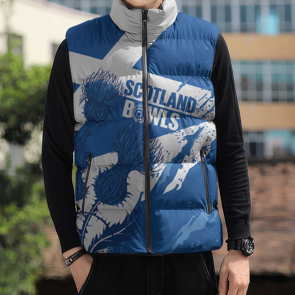 Personalised Scotland Lawn Bowls Sleeveless Puffer Jacket Scottish Thistle Grunge Flag Style - Wonder Print Shop