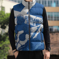 Personalised Scotland Lawn Bowls Sleeveless Puffer Jacket Scottish Thistle Grunge Flag Style - Wonder Print Shop