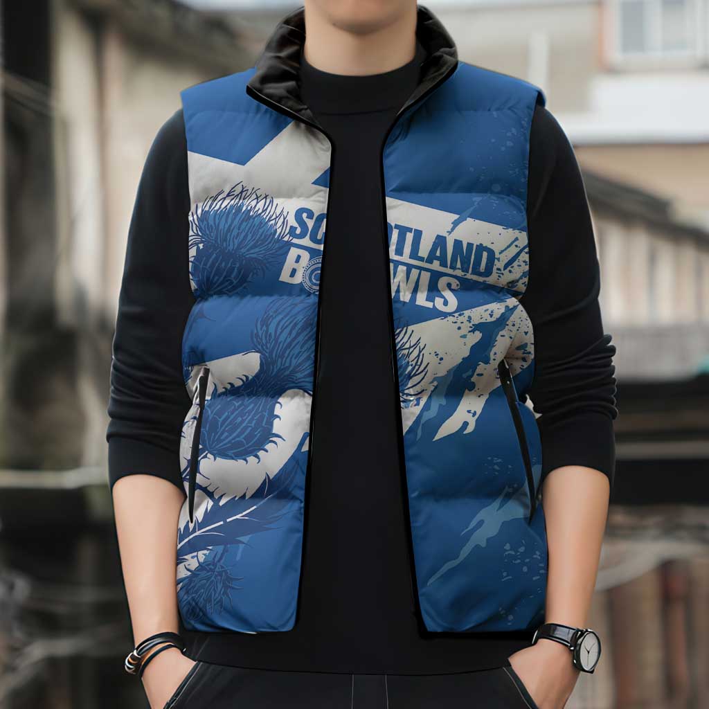 Personalised Scotland Lawn Bowls Sleeveless Puffer Jacket Scottish Thistle Grunge Flag Style - Wonder Print Shop