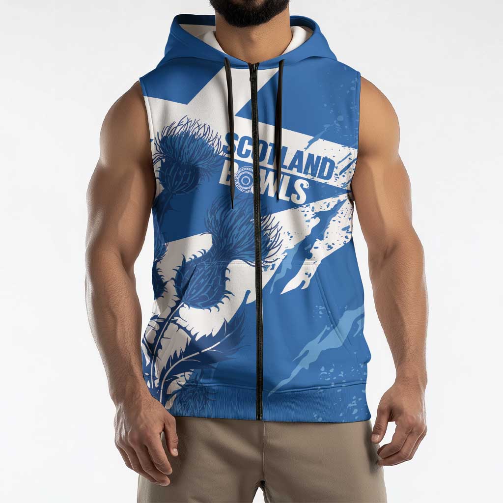 Personalised Scotland Lawn Bowls Sleeveless Zip Hoodie Scottish Thistle Grunge Flag Style - Wonder Print Shop